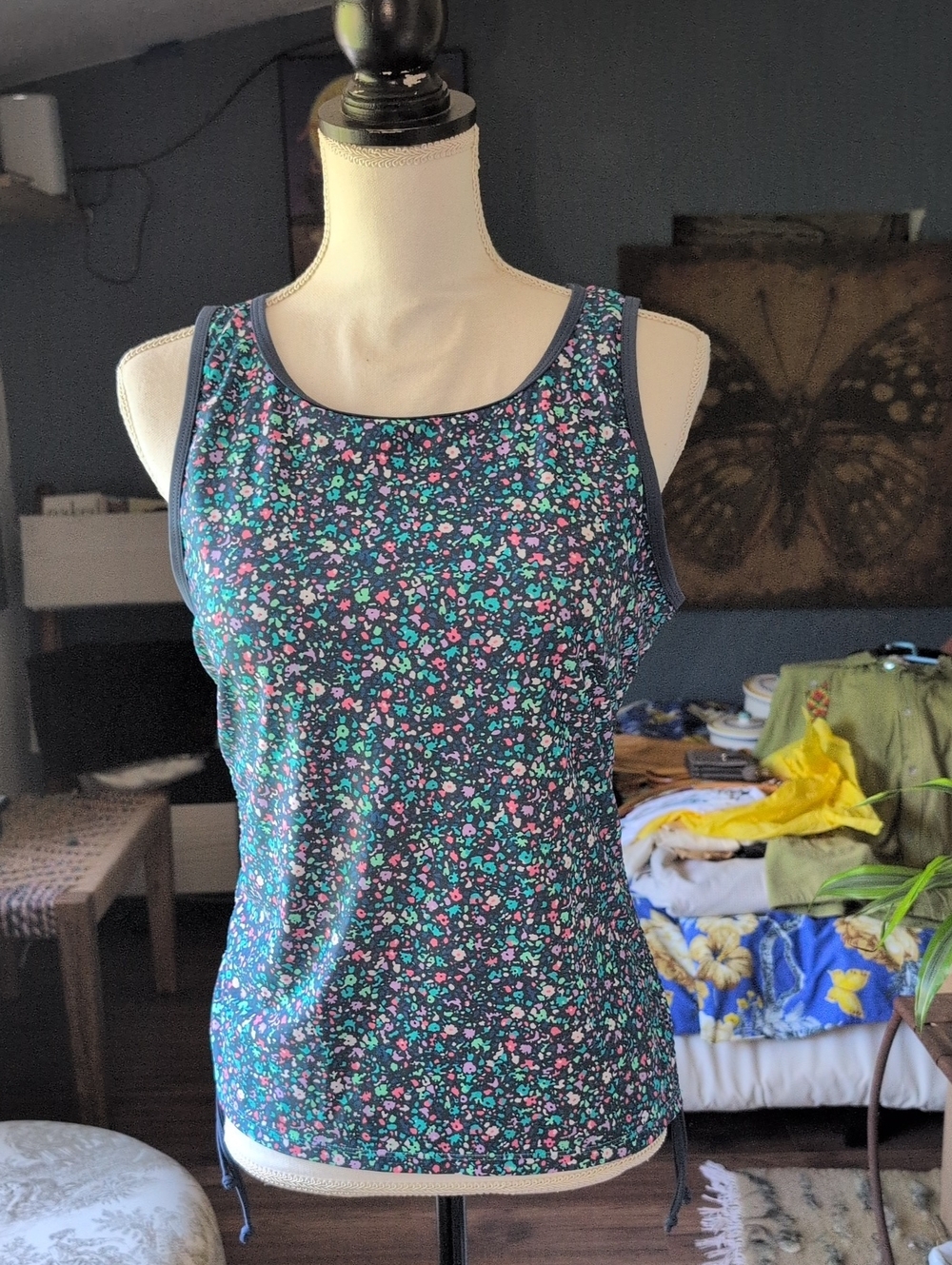 Free Country Navy Floral Tank with Pink & Teal